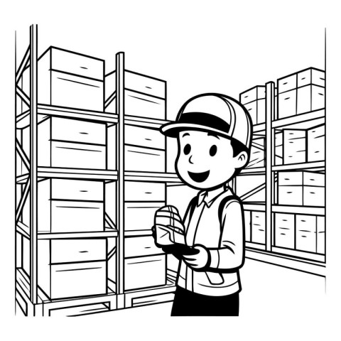 Warehouse worker with clipboard. Vector illustration in black an