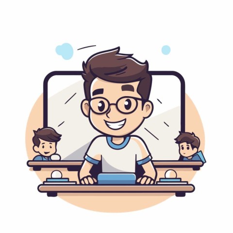 Back to school. Cute cartoon boy in glasses sitting at the desk.