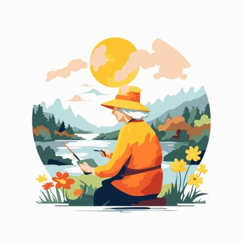 Fisherman with a tablet in his hands. Vector illustration.