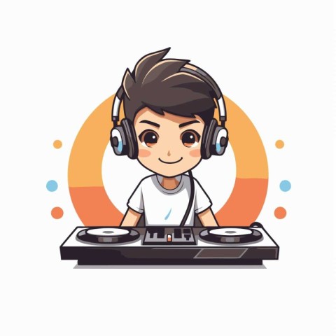 cute boy dj playing music on turntable vector illustration desig