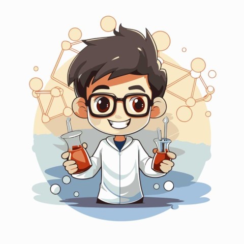 Cute boy with science experiment in lab cartoon vector illustrat