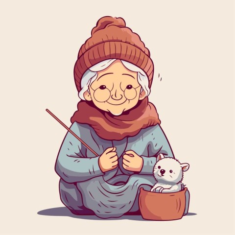 Vector illustration of an old woman with a cat in her hands.