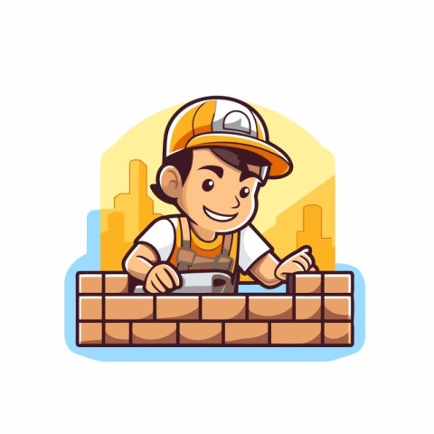 Construction worker building a brick wall. Vector flat cartoon c