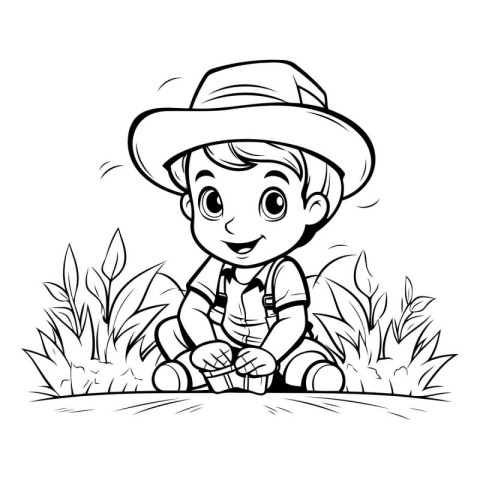 Illustration of a Cute Little Boy Sitting in the Grass and Smili