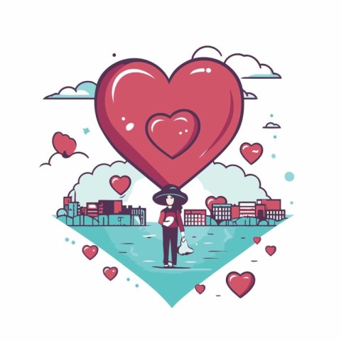 Vector illustration of a couple in love with big red heart in th