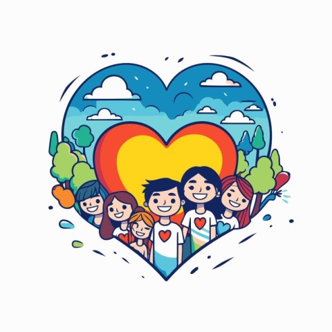 Happy family in the heart shape. Vector illustration in cartoon