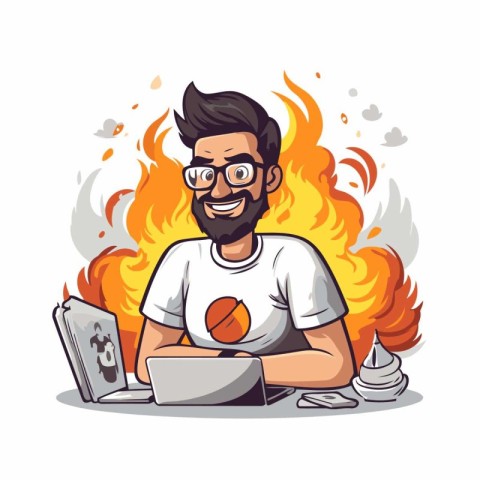 Vector illustration of a man with a laptop in his hands. on fire