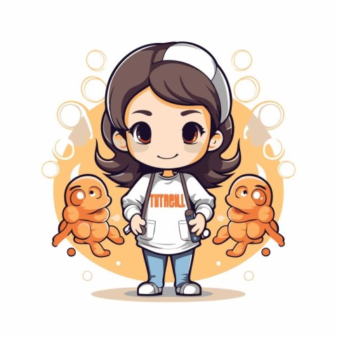 Cute little girl holding a group of small animals. Vector illust