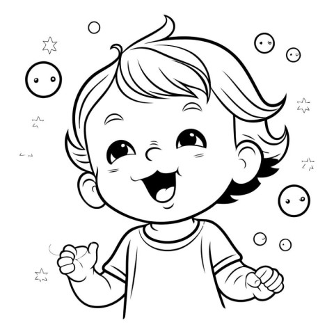 Happy little boy cartoon. Black and white vector illustration fo