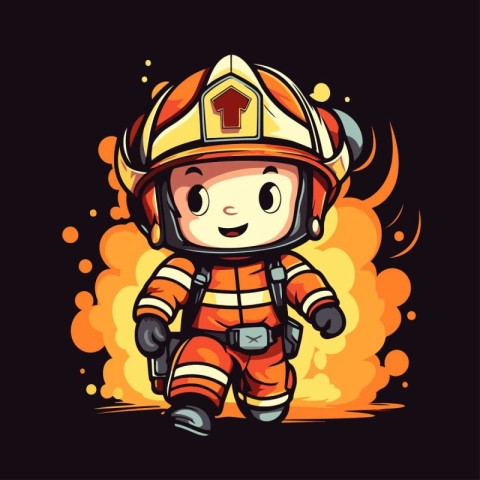 Cartoon fireman with helmet on fire background. Vector illustrat