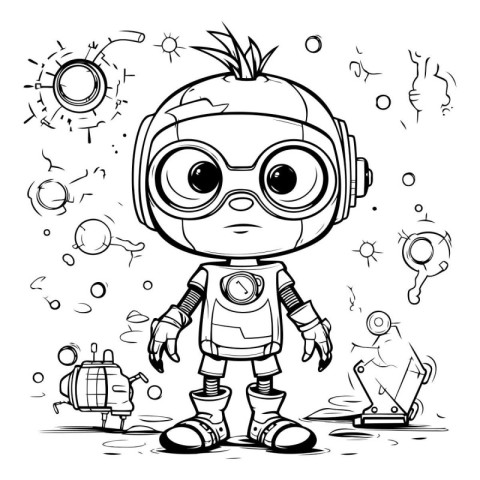 Cute Cartoon Astronaut - Black and White Vector Illustration for