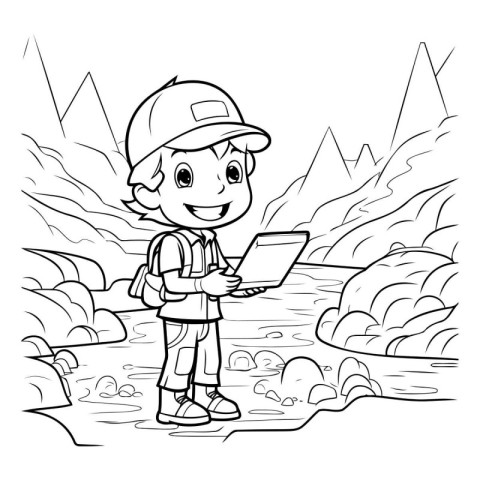 Coloring book for children: Boy with a laptop in the mountains