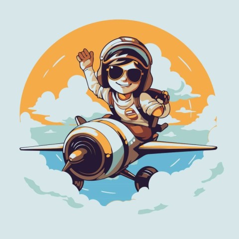 Cartoon aviator girl flying in the sky. Vector illustration.