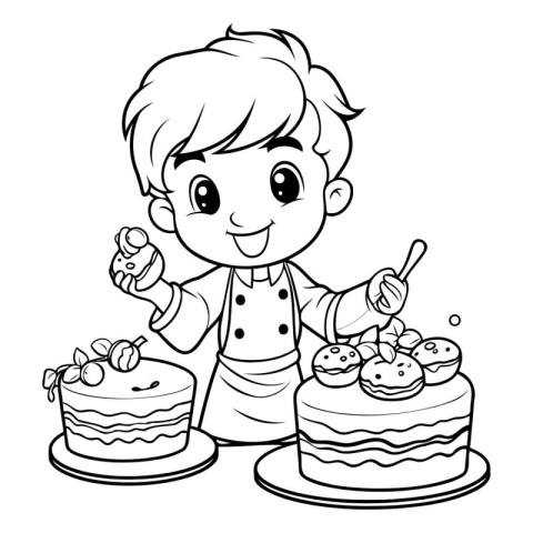 Black and White Cartoon Illustration of Cute Little Boy Decorati