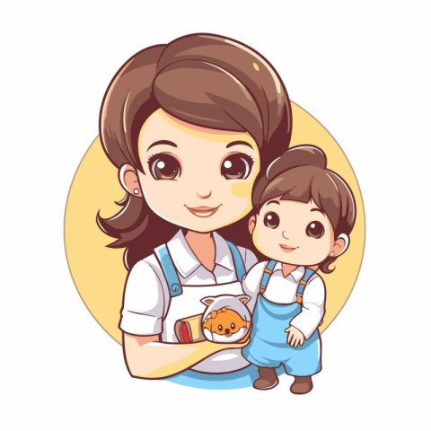 Mother and daughter in apron holding pizza. Cartoon vector illus