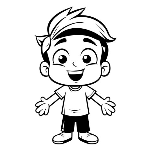 Boy Smiling - Black and White Cartoon Illustration of a Kid Char