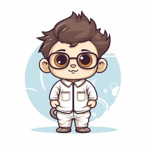 Cute cartoon boy in space suit and glasses. Vector illustration.