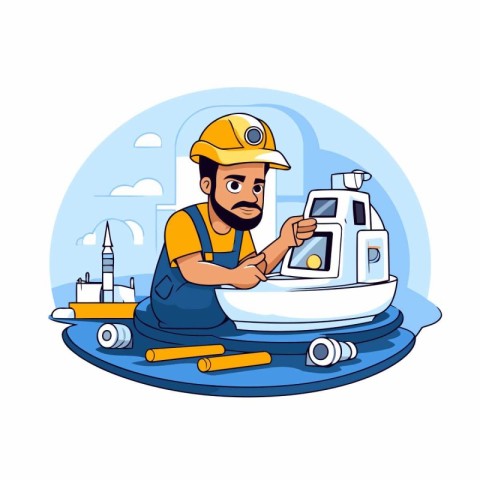 Construction worker in helmet and overalls with boat cartoon vec