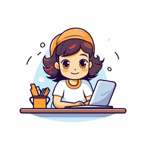 Cute little girl using laptop at home. Vector cartoon illustrati