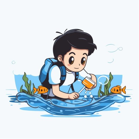 Boy with a backpack and a magnifying glass looks at the fish