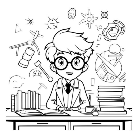 Black and White Cartoon Illustration of Schoolboy or Elementary