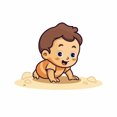 Cute baby boy playing in the sand. Vector cartoon illustration.