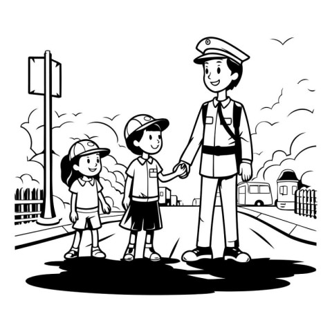 cute policeman with kids on the street cartoon vector illustrati