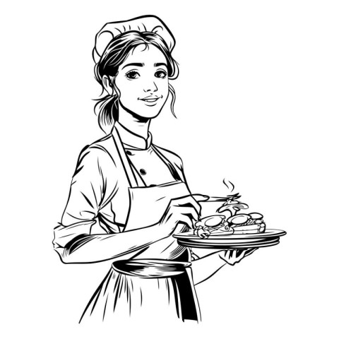 Vector illustration of a young woman cook with a plate of food.