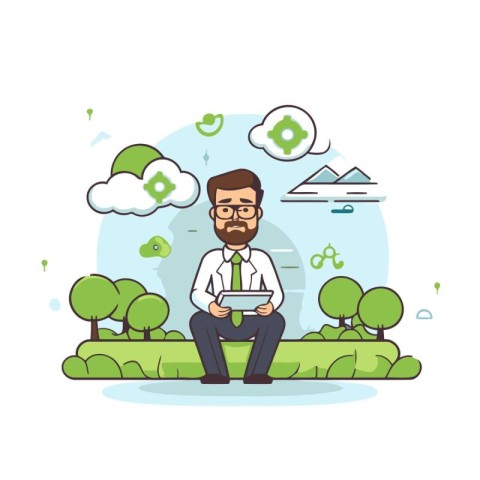 Businessman with tablet sitting on the grass in the park. Vector