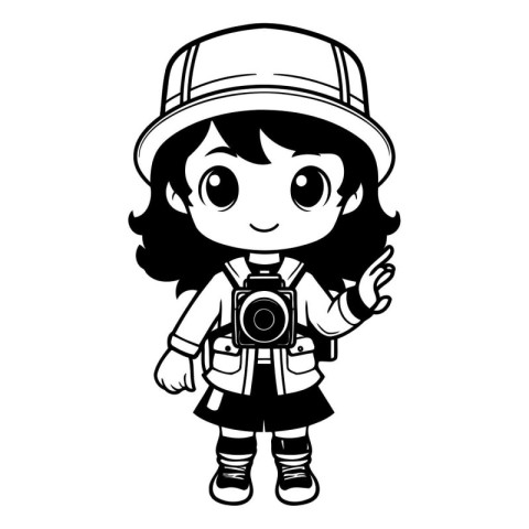 Cute little girl in safari hat with camera. vector illustration