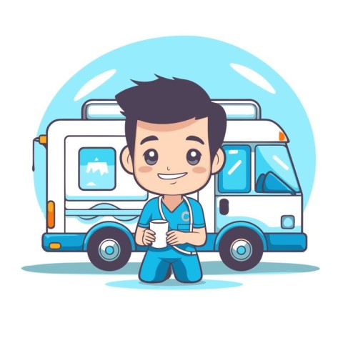 cute cartoon boy in camper van with coffee cup. vector illustrat