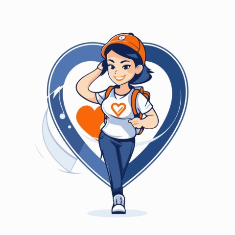 Young girl with backpack and map pointer in heart shape. Vector