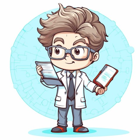 Scientist boy holding a book and a notebook. Vector illustration