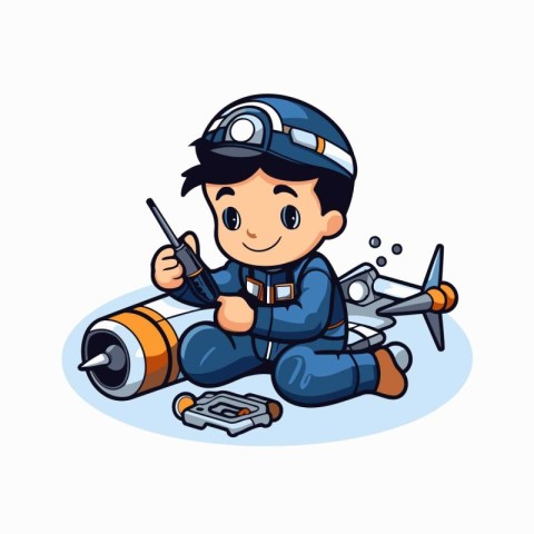 Vector illustration of a boy pilot with radio remote control and