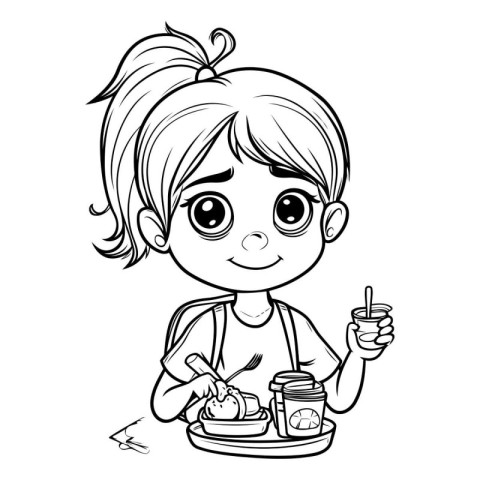 Cute little girl eating fried chicken. Vector illustration for c