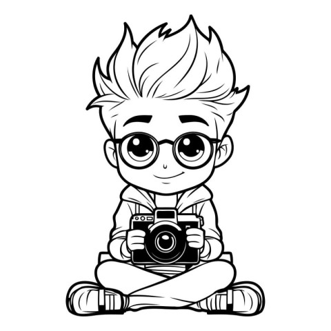 Cute boy holding a camera. Vector illustration isolated on white