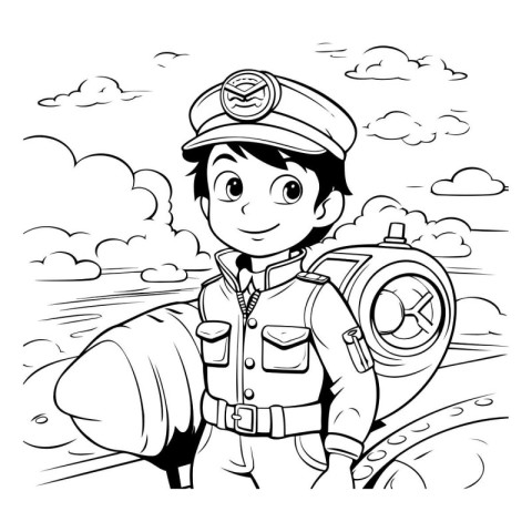 Black and White Cartoon Illustration of Kid Boy Captain or Offic