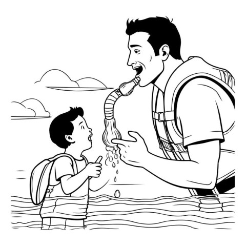 Father and son playing in the river. black and white vector illu