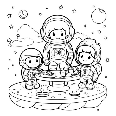 Astronaut and kids on the moon. Coloring book for adults