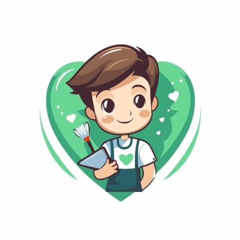 Cute boy holding a brush in a green heart. Vector illustration.