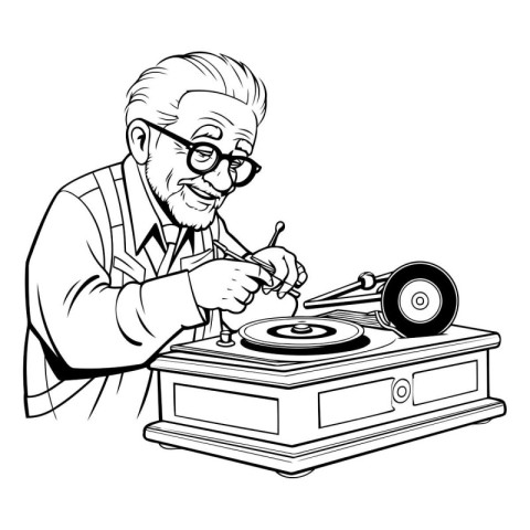 Old man with a turntable. Black and white vector illustration.