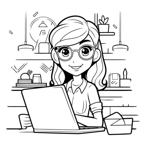 Black and white illustration of a woman using a laptop at home.