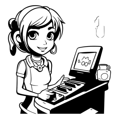 Girl playing piano. Black and white vector illustration for colo