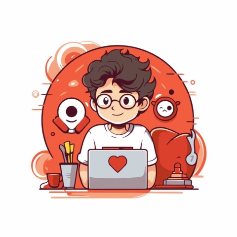 Cartoon boy with laptop. Vector illustration. Flat design style.