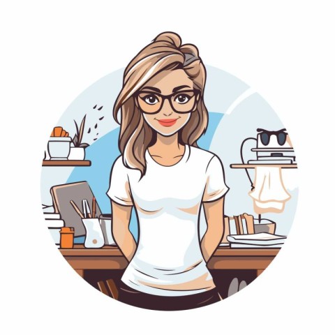 Woman working at home. Vector illustration in cartoon style on w