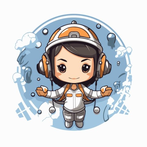 Cute cartoon astronaut girl with helmet and headphones. Vector i