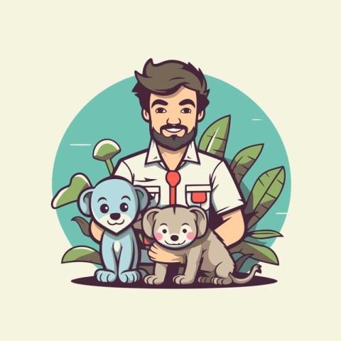 Veterinarian with dog and puppy. Vector illustration in cartoon