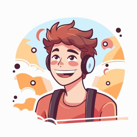 Smiling young man listening to music in headphones. Vector illus