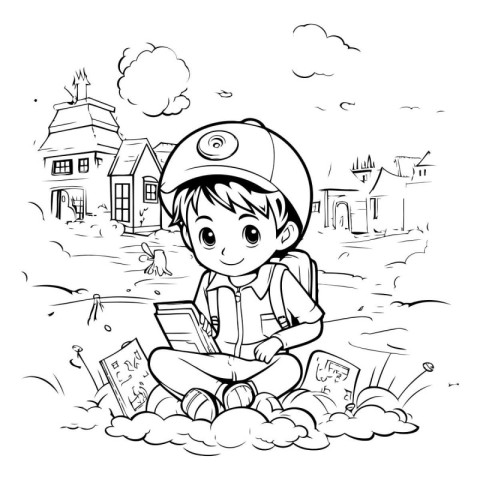 Boy reading a book in the village. Vector illustration. Coloring