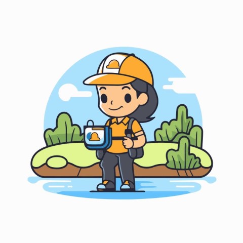 Girl in a helmet with a bucket of water. Vector illustration.